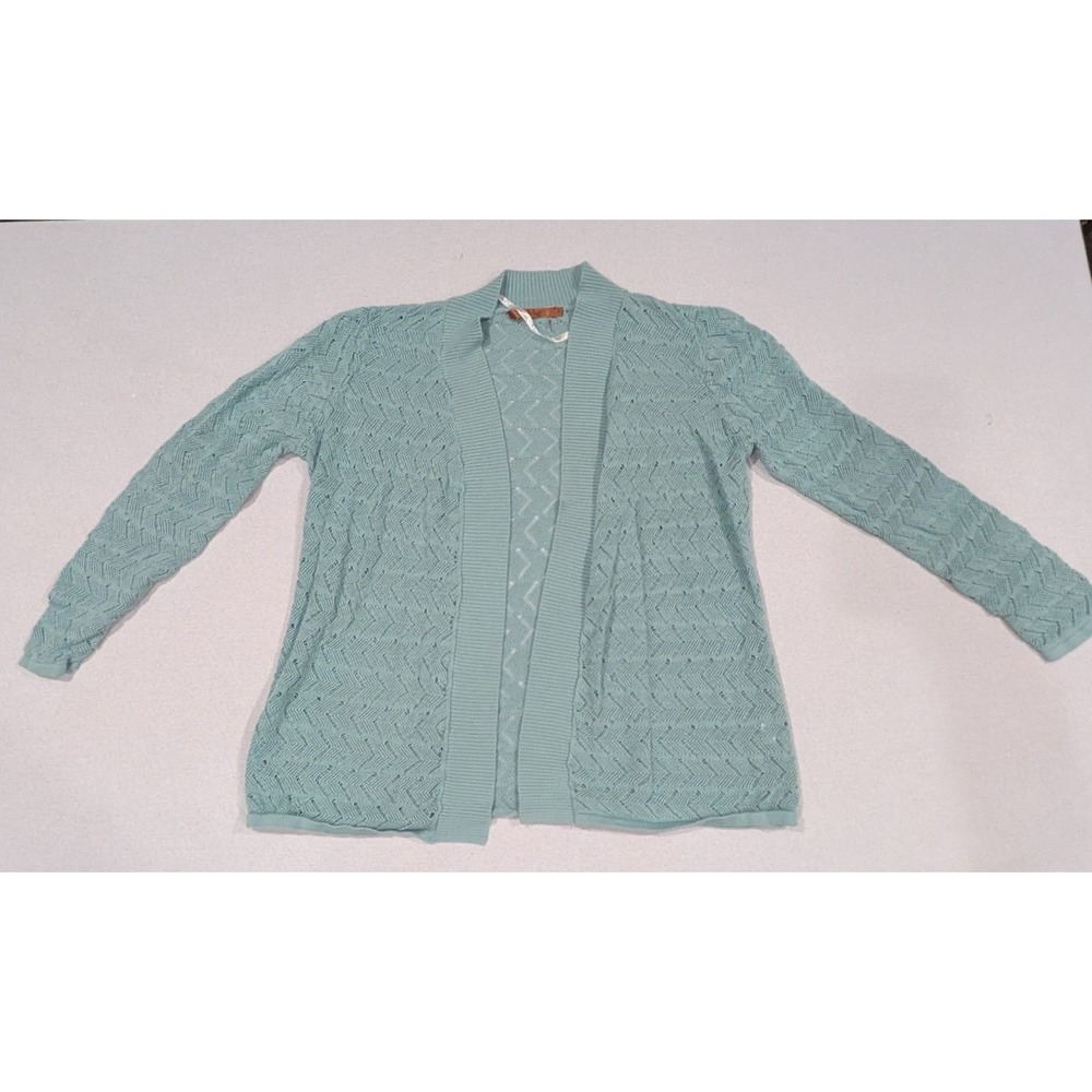 Belldini Cardigan Women XL Aqua Blue Excellent Pointelle Chevron Open Front